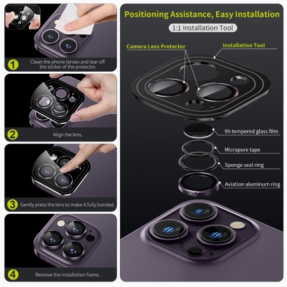 Camera lens tempered glass protector iPhone 14 Pro, 14 Pro Max Deep Purple - Picture 7 of 7